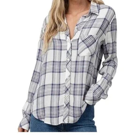Rails Hunter Ivory Blue Rose Plaid Flannel Button Up XS - Picture 1 of 12